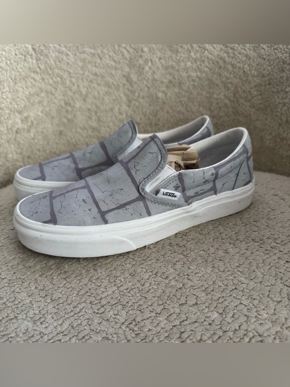 Vans Classic Slip-On Women’s 7 Men’s 5.5 Gray Abstract Print Canvas Shoes EUC